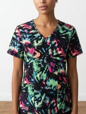Scrubstar Women's V-Neck Tie-Dye Top - Black Multi